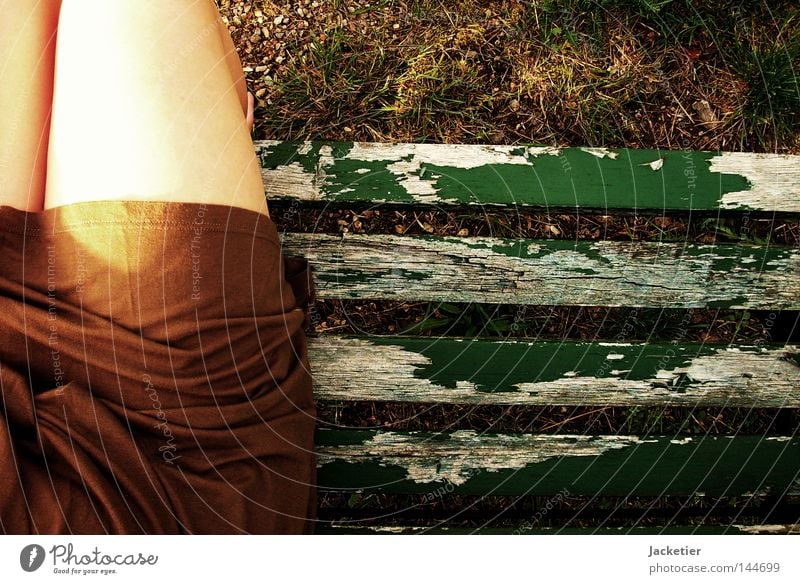 My right, right seat is free... Pebble Green Brown Dress Light Knee Toes Emotions Circumstances Summer evening Trust Bench Lawn Stone Varnish Shadow Wrinkles