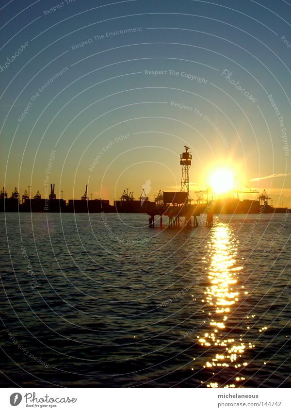 sunset in early spring Hamburg Port of Hamburg Sunset Sky River Elbe Crane Harbour Horizon Physics Esthetic Waves Blue Yellow Tower Water Island Warmth