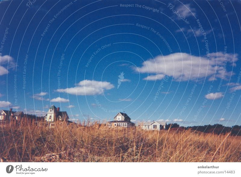 Maine Grass House (Residential Structure) Clouds Beach dune Sky Far-off places Marram grass Deserted Detached house New England Blue sky Clouds in the sky Calm