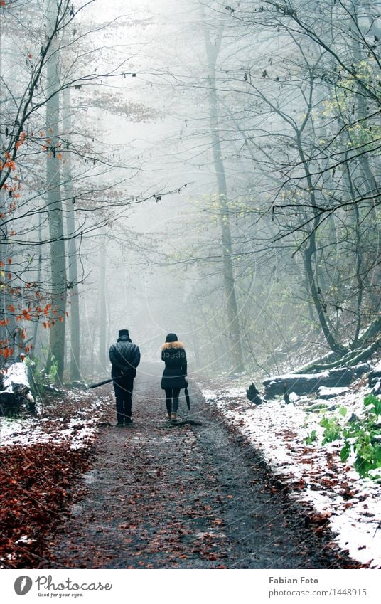 Beginning of December in forest 2 Human being Woman Adults Man Couple Partner Drops of water Winter Bad weather Fog Ice Frost Snow Tree Forest Going Hiking