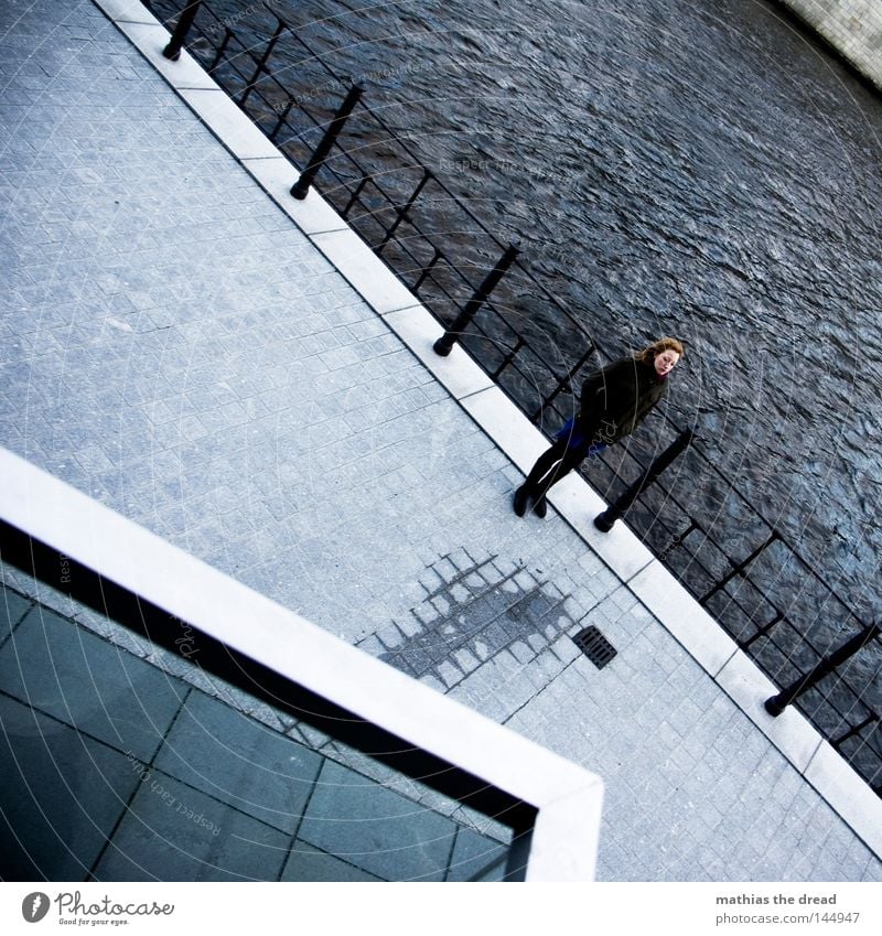 SIRENE Woman Winter Dreary Gray Stand Wind Weather Beautiful Wait Handrail Comfortless Spree River Corner Water Autumn Individual 1 River bank Canopy