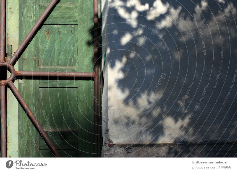 Door vs. shadow Grating Tree Facade Wall (building) Rod Wood Calm Detail Derelict Shadow