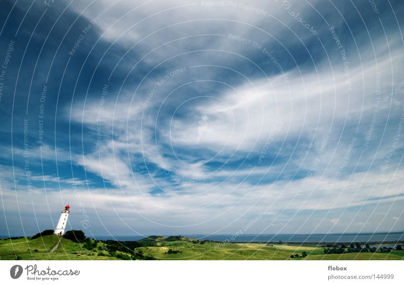 standing tall Lighthouse Beacon Lake Ocean Light signal Rügen Hiddensee Navigation Dangerous Waves Green Clouds Gale Hurricane Lookout tower Meadow Dornbusch