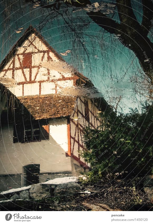 pretence Elements Water Sky Autumn Tree Old town House (Residential Structure) Sign Historic Beautiful Nostalgia Mirror image Half-timbered house Shadow