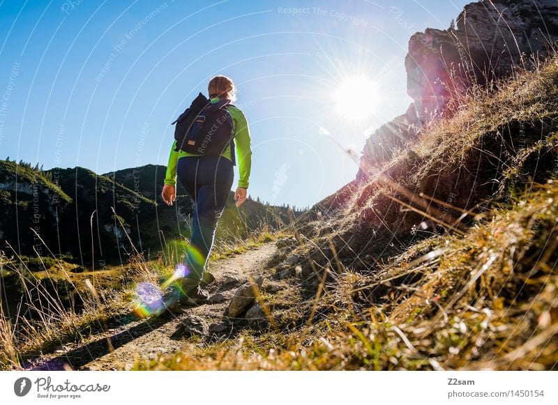 Hiker on the way to the Memminger Hut Leisure and hobbies Adventure Hiking Feminine Young woman Youth (Young adults) 18 - 30 years Adults Nature Landscape Sun