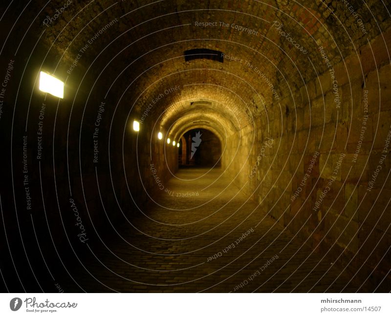 nürnberger burggang Nuremberg Light Glimmer Yellow Wall (barrier) Vaulting Architecture Shadow Light (Natural Phenomenon) Stone Corridor Castle