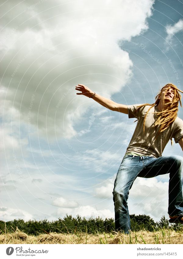 Far out Wilderness Green Meadow Hill Clouds Cyan Breathe Air Airy Man Fellow Dreadlocks Red Portrait photograph T-shirt Summer Summery Contentment Long-haired