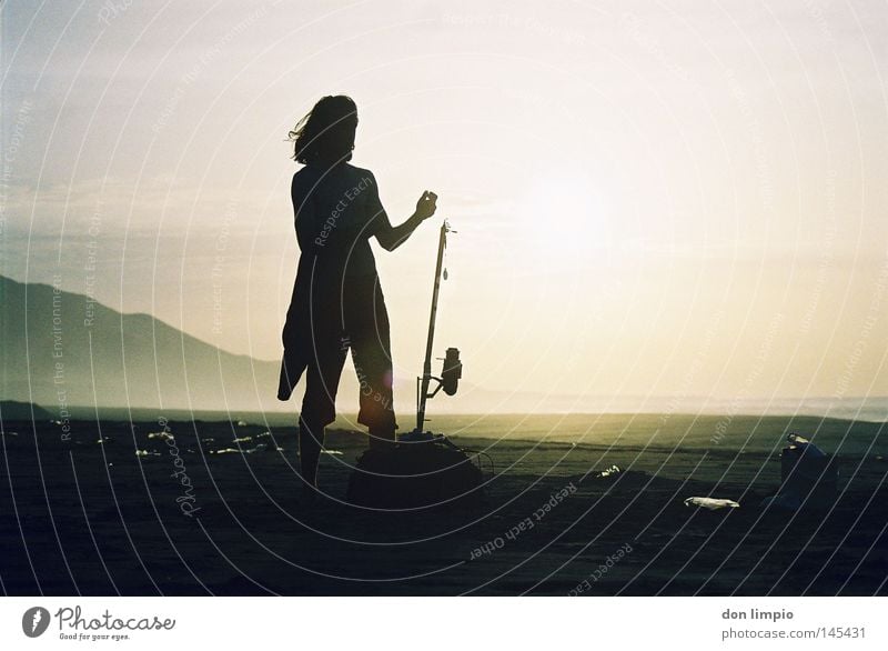 salty breeze Beach Sun Human being Fishing rod Wind Cofete Fuerteventura Summer Back-light Analog Mountain nice memory