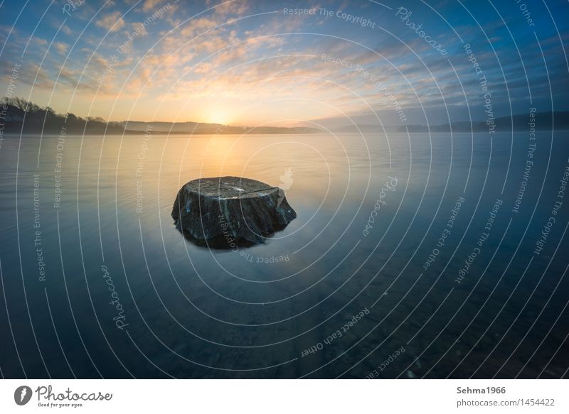 Sunrise in the fog and reflection of the clouds in the lake Beautiful Calm Nature Water Horizon Autumn Fog Tree Lake Stone Blue Yellow Red Romance Death