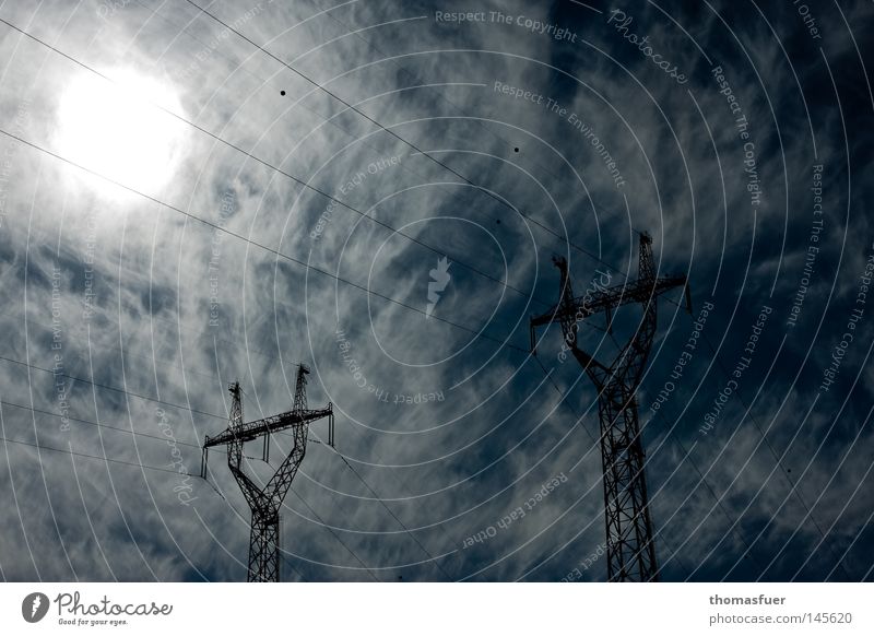 Power lines from the sun and sky Sun Clouds Electricity Electricity pylon Energy Energy crisis Environment Climate change CO2 emission Electrical circuit