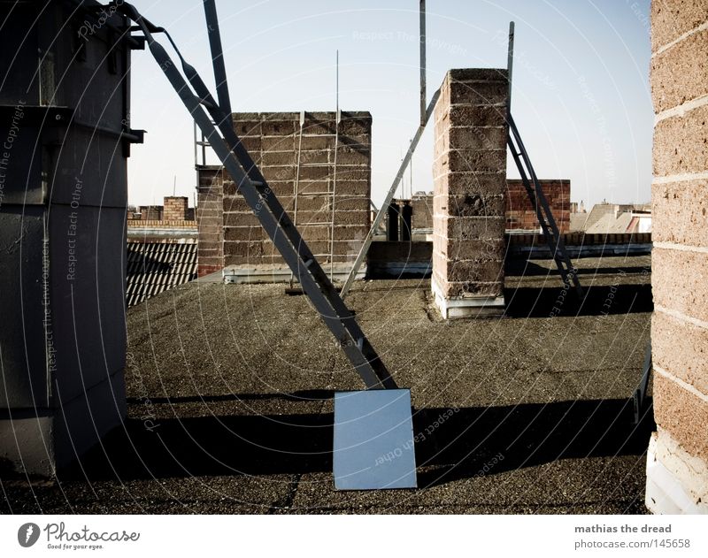 SKY ON EARTH [ROOF] Roof House (Residential Structure) Building Tall Above Chimney Brick Chimney sweep Ladder Tar paper Old Old building Prenzlauer Berg Sky