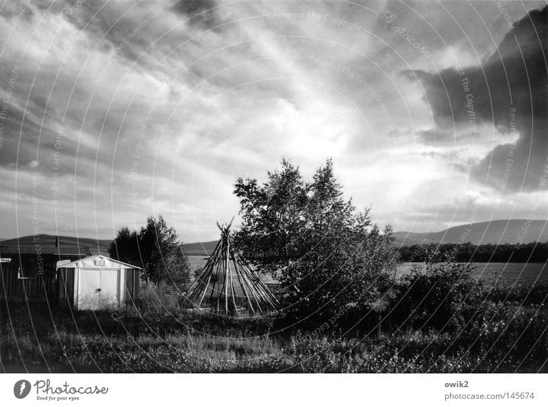 Ropinsalmi, Lapland Tent cote habitation unfinished Seed pod Far-off places Environment Nature Landscape Water Sky Clouds Horizon Beautiful weather River bank