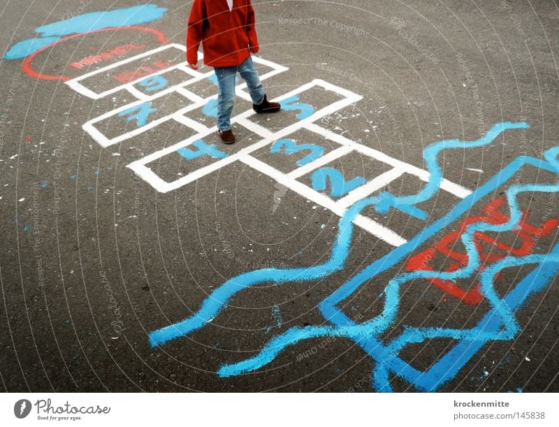 Between heaven and earth Sky Hell Earth Line Blue White Red Girl Child Playing Joy Jump Ground Asphalt Painting and drawing (object) Waves Jacket Jeans Denim