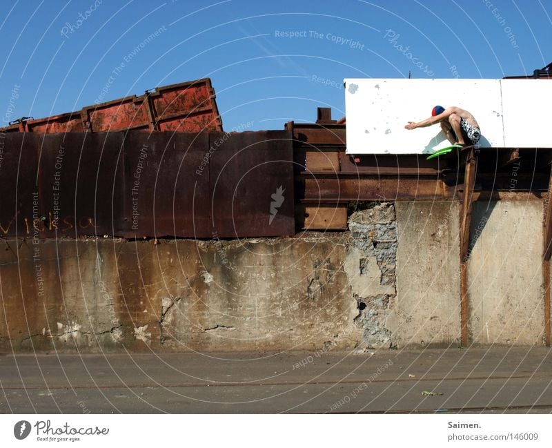 Great Crested Grebe Exterior shot Joy Freedom Man Adults Sky Wall (barrier) Wall (building) Container Rust Crouch Dry Brave Pain Loneliness Concentrate