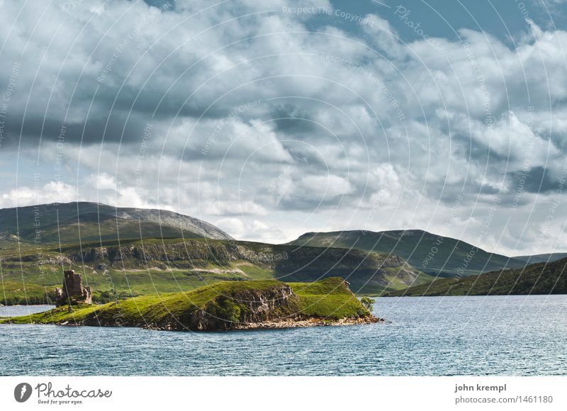 Idyllic idyll Environment Landscape Sky only Clouds Meadow Hill Rock Coast Bay Fjord Ocean Lake Scotland Highlands Castle Ruin Historic Maritime Happy