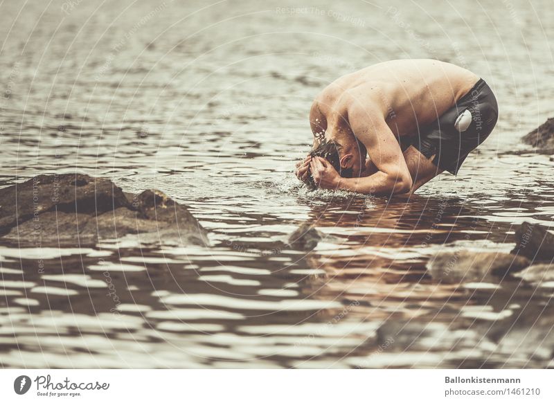 Talk. Hair and hairstyles Swimming & Bathing Masculine Body 1 Human being Water Autumn Lakeside Authentic Simple Uniqueness Sustainability Natural Clean