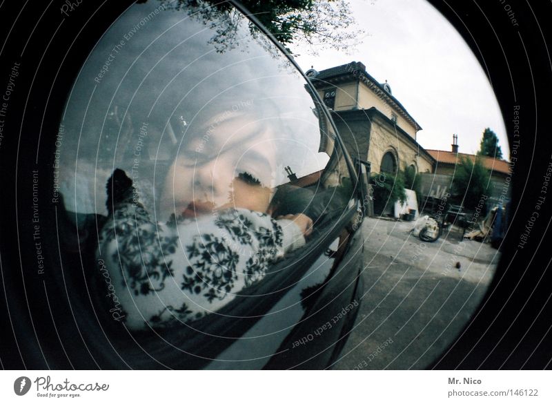 hey honey ! Girl Child Boredom Gloomy Fatigue Rear seat Pane Window Background picture Lomography Fisheye Black Gray Asphalt House (Residential Structure)