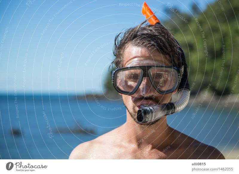 Young man with snorkeling gear Lifestyle Joy Face Relaxation Vacation & Travel Tourism Summer Sun Beach Ocean Sports Dive School Human being Boy (child) Man