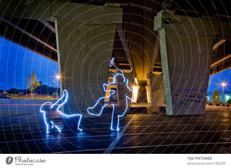 under the bridge Light Fight Long exposure Martial arts Might Beat Tread Bridge Duisburg Harbour Flashlight Boxing Street lighting Street art Evil Obedient