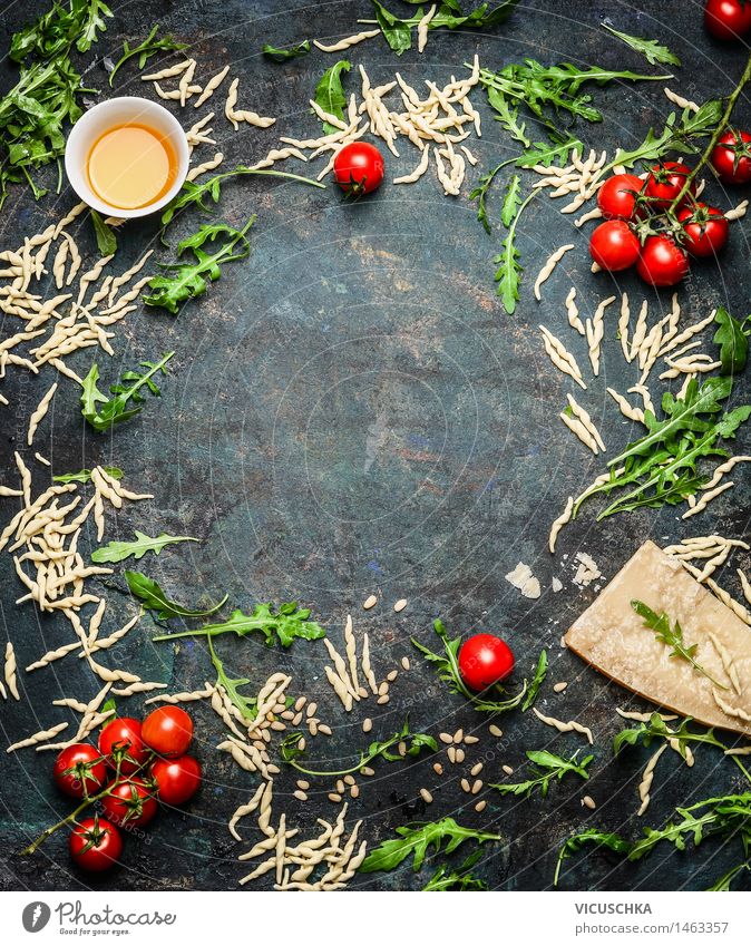 Fresh pasta with oil, tomatoes and ingredients for cooking Food Vegetable Lettuce Salad Herbs and spices Cooking oil Nutrition Lunch Dinner Buffet Brunch