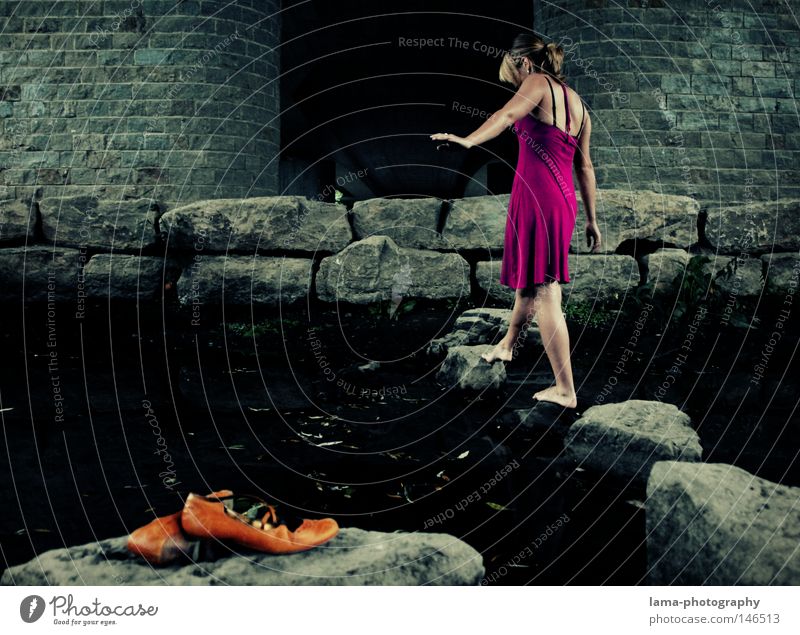 under the bridge Footwear Barefoot Legs Going Walking Leave behind Forget Feet Woman Dress Summer dress Stone Stony Ocean River Brook Ford Water Loneliness