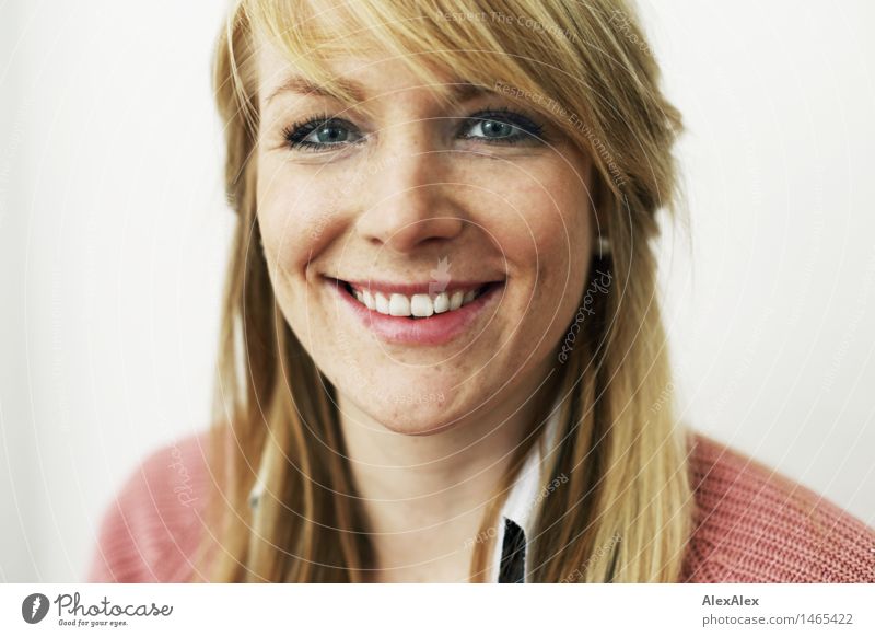 Young blonde beautiful woman with freckles and dimples looks smiling at camera pretty Face Well-being Contentment Young woman Youth (Young adults) pit Freckles