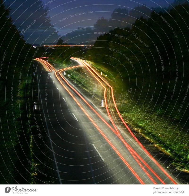 Ghost Street Highway Federal highway Multi-line Rain Wet Red White Yellow Direction Long exposure Curve Bend Crash barrier Reflection Motor vehicle Car Truck