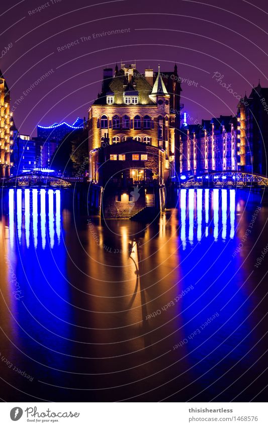 Blue in Blue Hamburg Harbour storehouse city Brick clinker Water Old town Red Dark Night Evening Sky Nostalgia nostalgically on one's own Tourist Moated castle