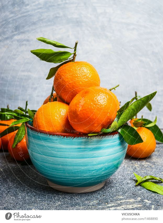 Blue bowl with mandarins Food Fruit Orange Nutrition Juice Bowl Healthy Eating Life Table Nature Yellow Design Style Mandarin Vintage Vitamin Leaf Green Gray