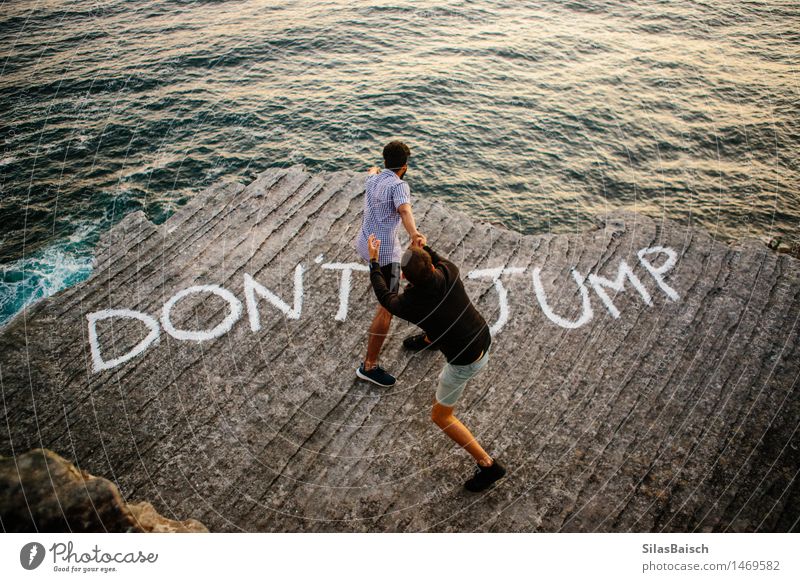 Don't Jump I Health care Vacation & Travel Adventure Summer Human being 2 18 - 30 years Youth (Young adults) Adults Nature Hill Rock Waves Coast Ocean Fear