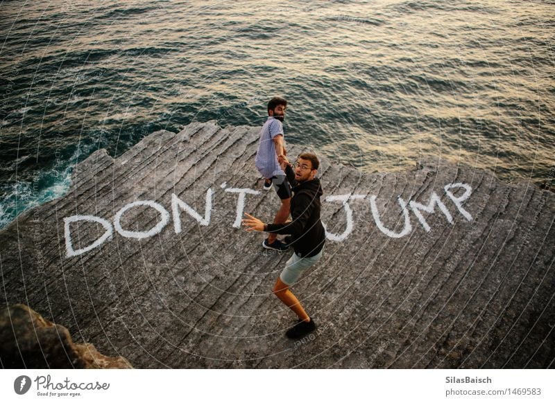 Don't Jump Friends Adventure Far-off places Masculine Young man Youth (Young adults) 2 Human being 18 - 30 years Adults Art Nature Rock Mountain Coast Lakeside