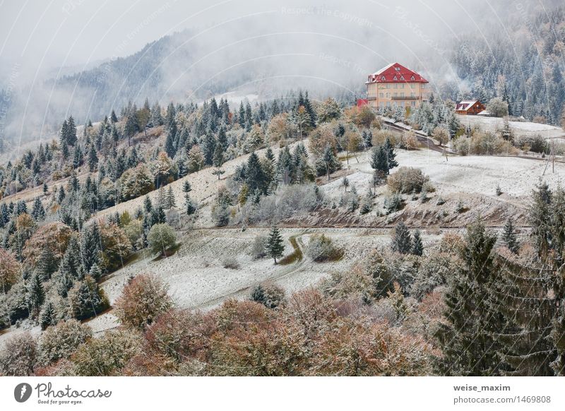 Hotel in mountains. Snow and fog. Winter coming Vacation & Travel Tourism Trip Mountain Living or residing Flat (apartment) House (Residential Structure)