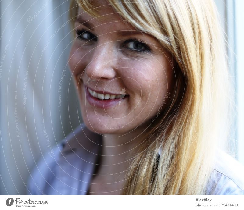 Side portrait of beautiful freckled blonde woman smiling at camera pretty Skin Life Young woman Youth (Young adults) Face pit 18 - 30 years Adults Shirt Blonde