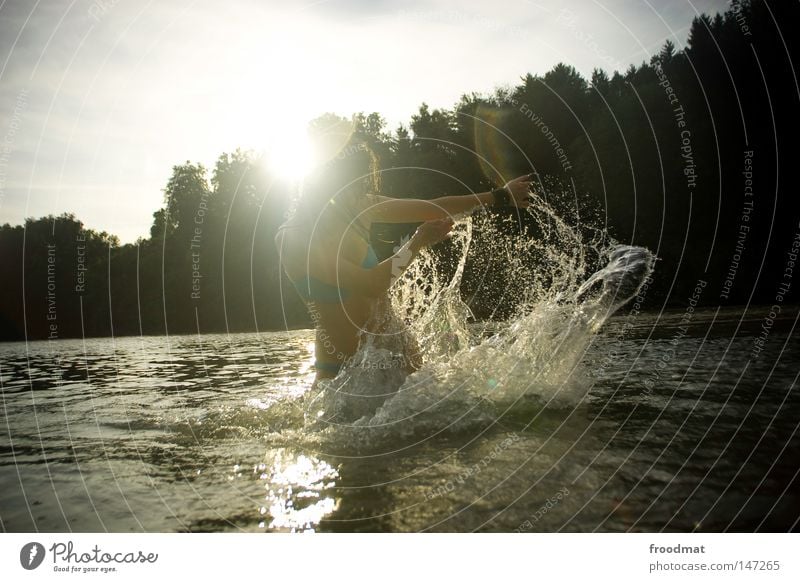 splashing water Beautiful Heavenly Hair and hairstyles Style Easygoing Wet Bikini Turquoise Rocking out Dry Clouds Vapor trail Swimsuit Forest Summer Red