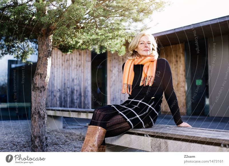 50 year old sits on a bench in the sun Lifestyle Elegant Style Feminine Woman Adults 60 years and older Senior citizen Autumn Beautiful weather Tree Town