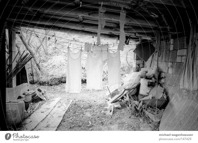 laundry space Laundry Dry Clothesline Underwear Backyard Farm Trash Black & white photo Dirty messy