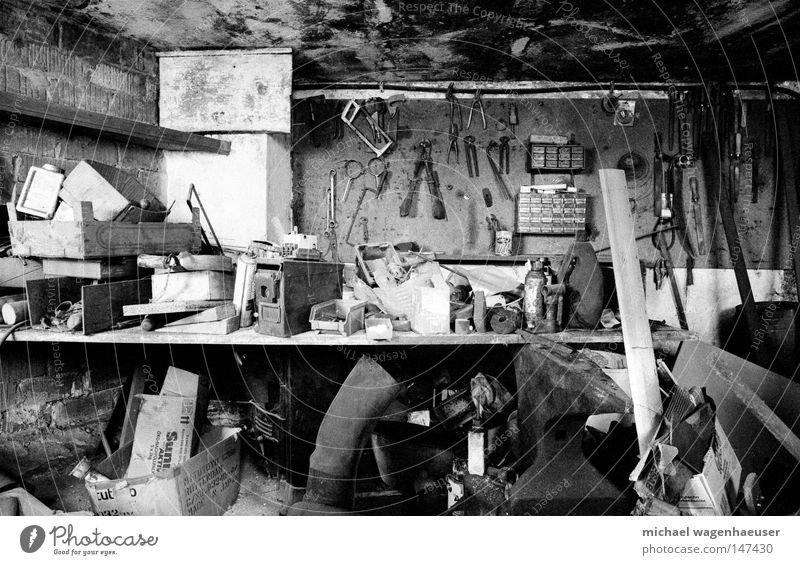 old workshop Craft (trade) Workshop Tool Farm Untidy farming messy Black & white photo Grain Metal Dirty