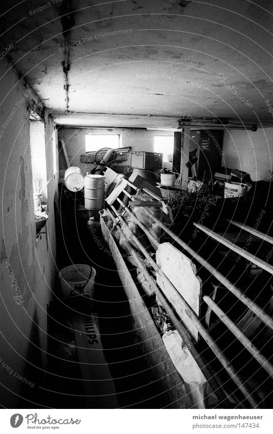 abandoned stable Barn Empty Trash Barricaded Light Window Dark Shaft of light Masonry Metal post Black & white photo pigsty Old spider web