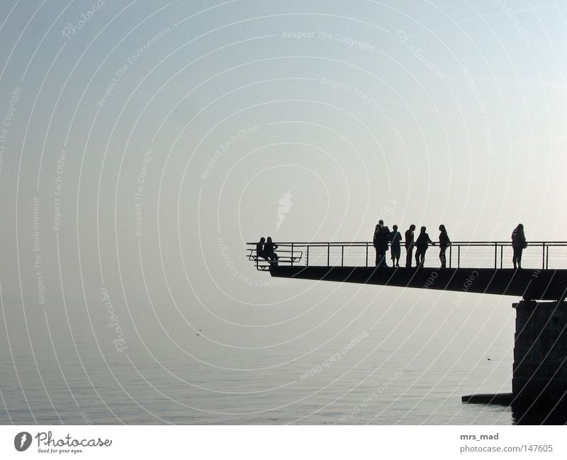 At the lake Lake Peace Gray Fog Smoothness Calm Human being Tourist Adults Bridge Grating Bench Vantage point To enjoy Nature Water Switzerland Fascinating