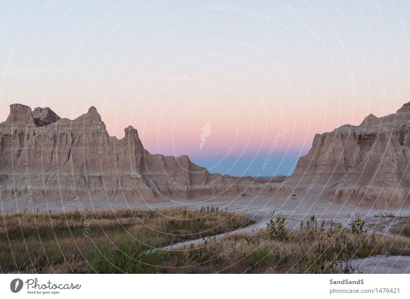 Badlands Environment Nature Landscape Air Sky Cloudless sky Sunrise Sunset Summer Beautiful weather Park Hill Rock Mountain Peak Peaceful Grateful Loneliness