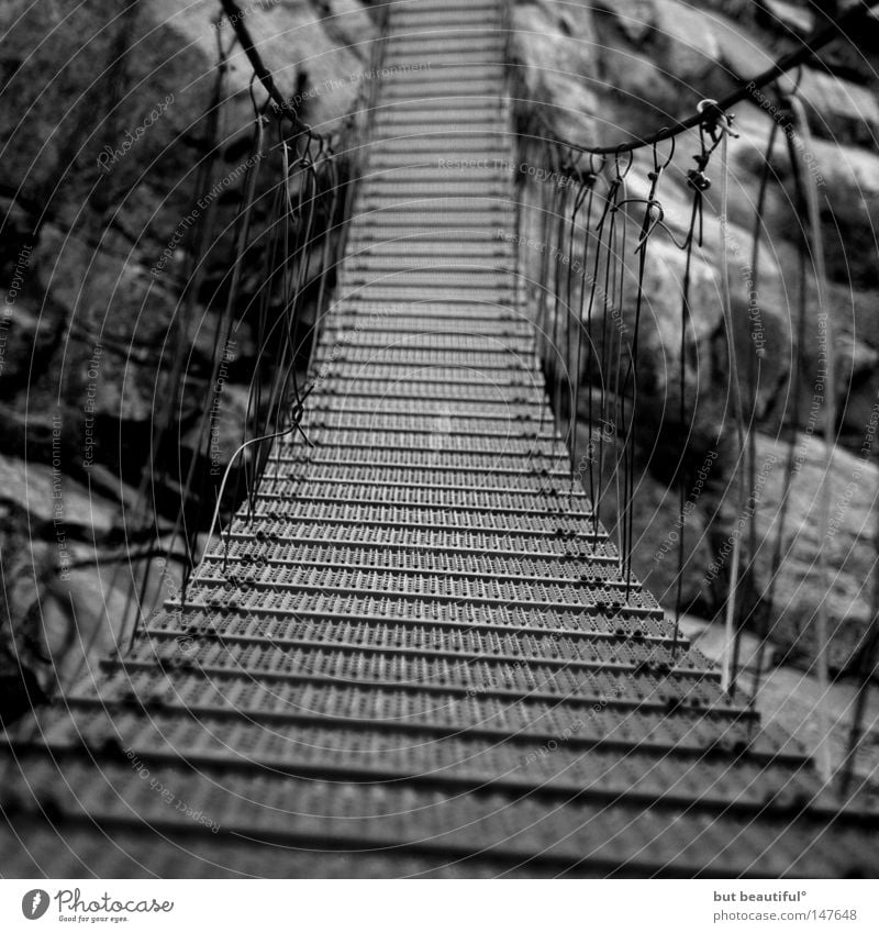 spasimata canyon° Suspension bridge Risk Insecure Beautiful Corsica Bridge Fear Panic Brave Black & white photo Rocking Vacation & Travel gr20 Spasimata Gorge