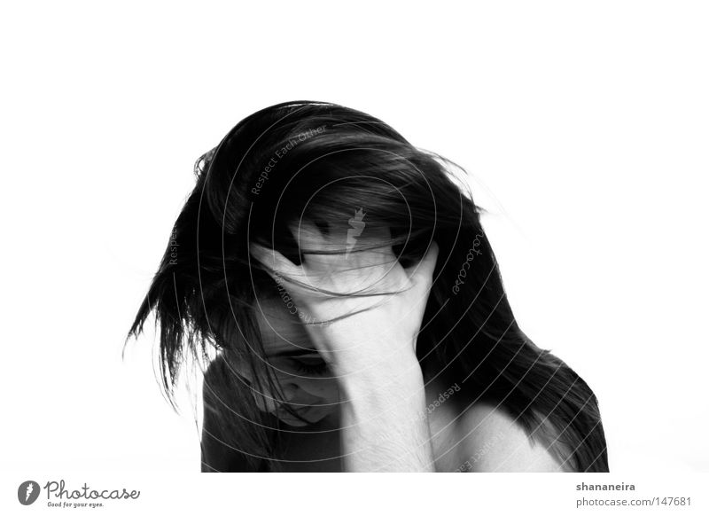 a little embarrassed... Hair and hairstyles Woman Black & white photo Think Timidity Sheepish Beautiful Esthetic Emotions Human being