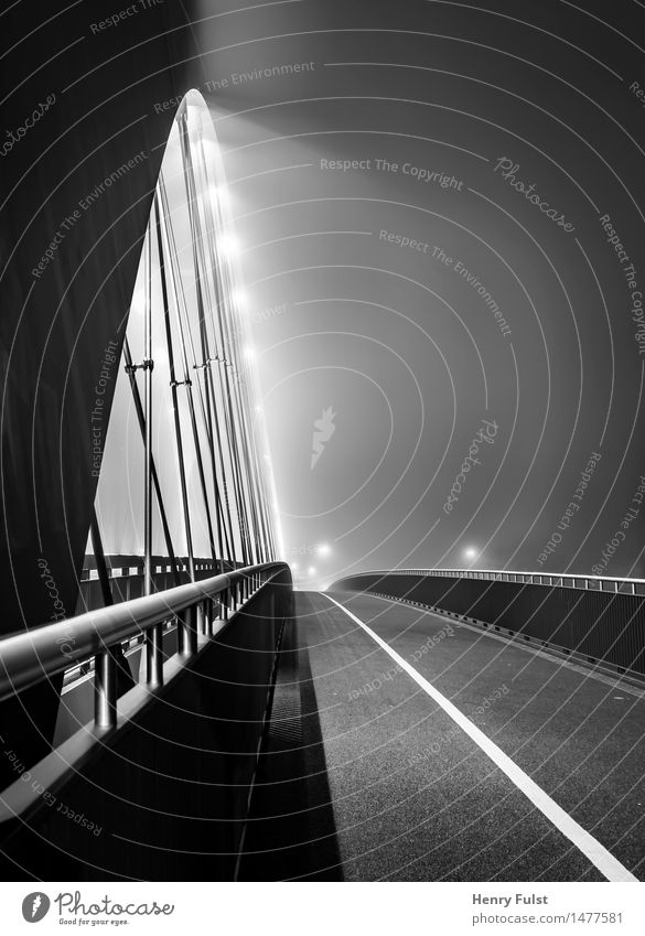 bridge lights Architecture Town Bridge Concrete Steel Authentic Bridge railing Night Long exposure Light Black & white photo Exterior shot Artificial light