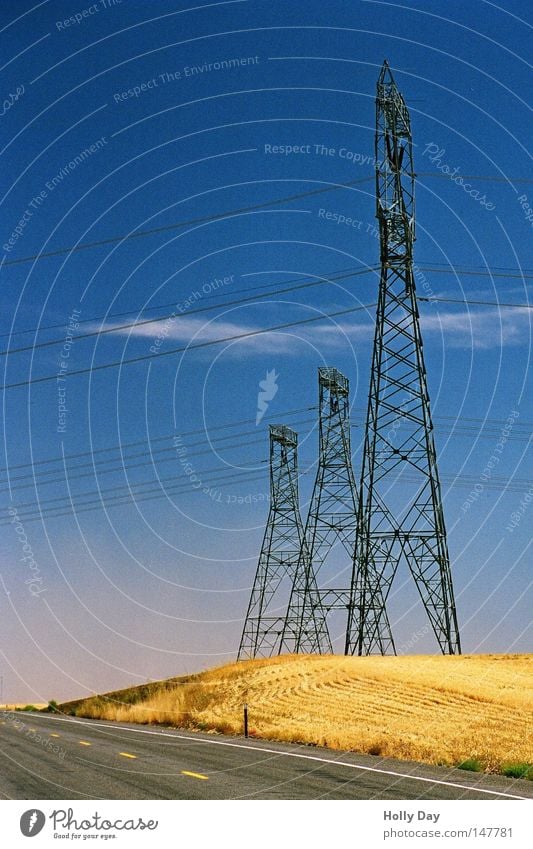 At the edge of the road USA North America Washington State Highway Street Black Summer Electricity Transmission lines Conduct Electricity pylon Sky Blue Yellow