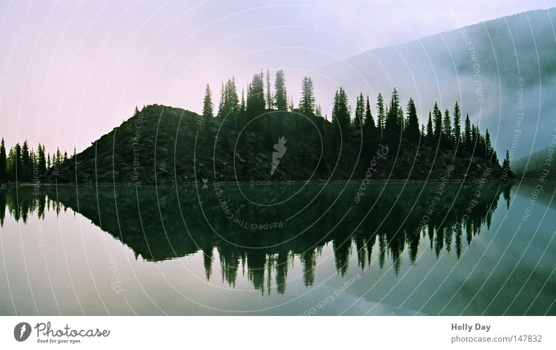 Islands in fog Alberta Banff National Park Canada North America Tree Mirror Reflection Water Lake Moraine lake Eerie Fog Clarity Cold Morning Dark Black Jinxed