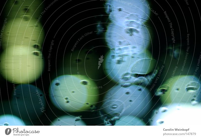 Berlin by Night I. Green Turquoise Light blue Rain Hazy Abstract Art Dark Style Arrangement Blur Point Blue Drops of water Window pane Glass bustling Planning