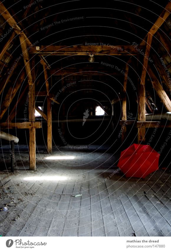 forgotten Sunshade Umbrella Umbrellas & Shades Red Things Weather Rain Wet Physics Damp Forget Roof Attic Floor covering Ground Prop Joist Roof beams