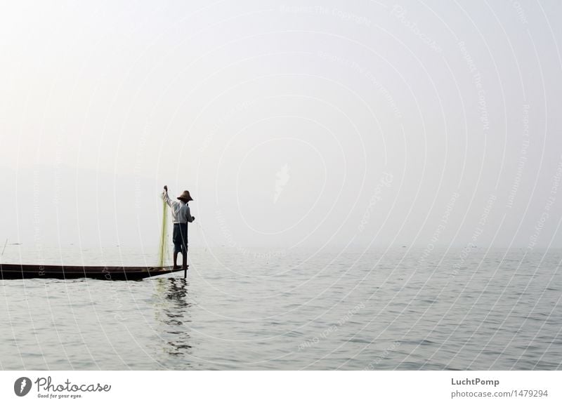 Solitude I Surface of water Fog Waves Loneliness Work and employment Curls Stand Lake Myanmar Tradition Water Dugout Watercraft Fisherman Inle Lake Balance Net