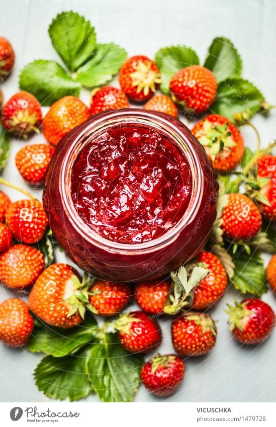 Strawberries jam jar Food Fruit Dessert Jam Nutrition Breakfast Organic produce Vegetarian diet Diet Beverage Glass Style Design Healthy Eating Life Summer