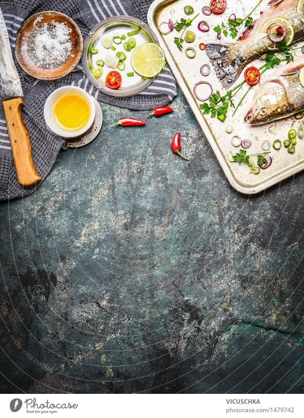 Fresh fish on baking tray with ingredients Food Fish Vegetable Herbs and spices Cooking oil Nutrition Lunch Dinner Banquet Organic produce Vegetarian diet Diet